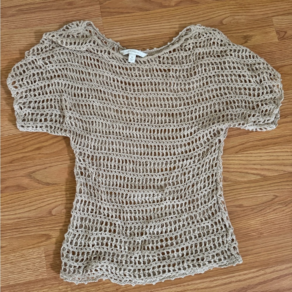 LC Lauren Conrad White Tan Puff Sleeve Cropped Blouse